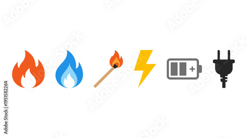 Colorful flat vector icons depicting energy sources orange fire blue flame burning match yellow lightning grey battery black plug.