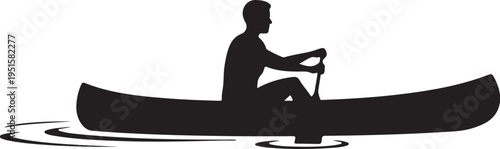 Black silhouette of man rowing canoe on water