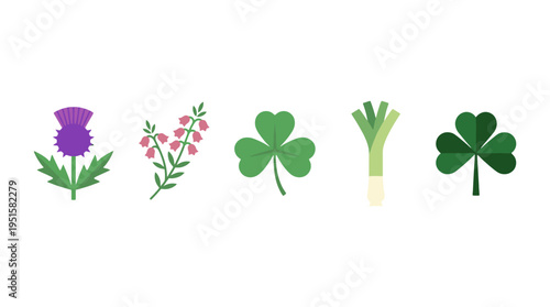 Colorful Flat Vector Icons of Thistle Heather Shamrocks and Leek Plants.