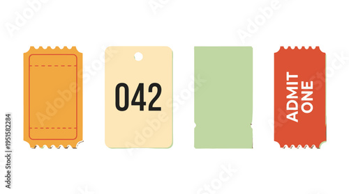 Colorful vector tickets and tags set orange serrated cream numbered 042 green torn red ADMIT ONE.