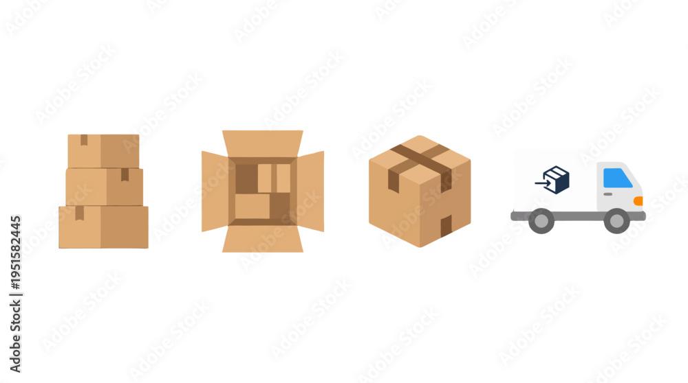 Fototapeta premium Flat design icons stacked open and closed brown cardboard boxes plus a white delivery truck.