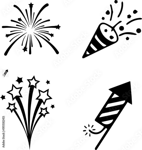 Celebration fireworks and party popper icons set black and white flat vector illustration