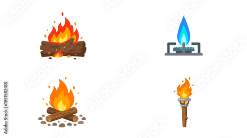 Flat Design Fire and Flame Icons Collection Campfire Gas Burner Torch Illustrations.