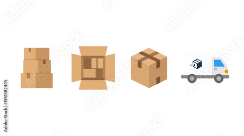 Flat design icons stacked open and closed brown cardboard boxes plus a white delivery truck.