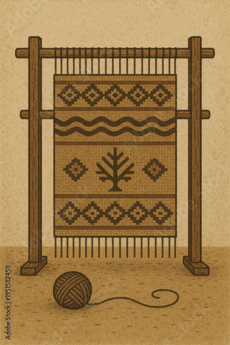 Traditional weaving loom with patterned textile and yarn ball, folk craft concept, vintage style composition, decorative ornament, pencil drawing illustration on aged background