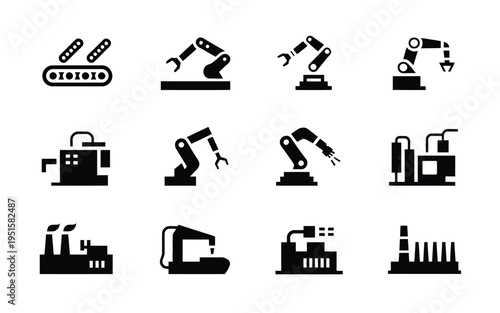 Industrial factory icons set including robotic arms and manufacturing symbols in black on white background for business and technology concepts