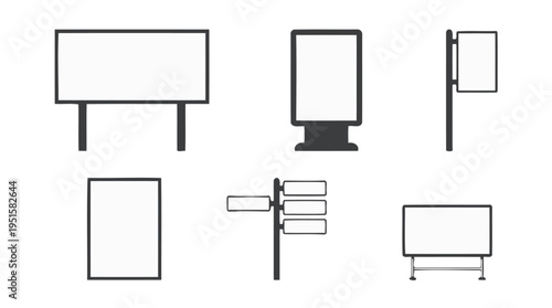 Minimalist vector icon set of blank outdoor advertising signs including billboards kiosks and directional signposts.