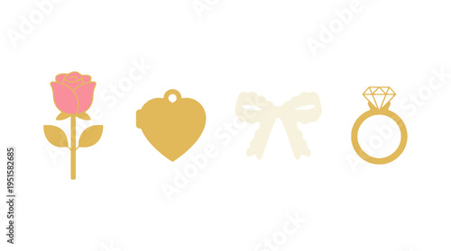 Romantic Gold and Pink Flat Graphic Icons Set Rose Locket Bow Diamond Ring.
