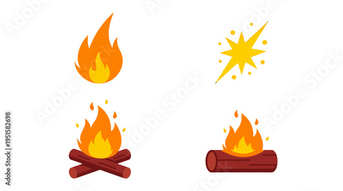 Set of Simple Flat Design Fire Campfire and Sparkle Icons in Warm Colors.