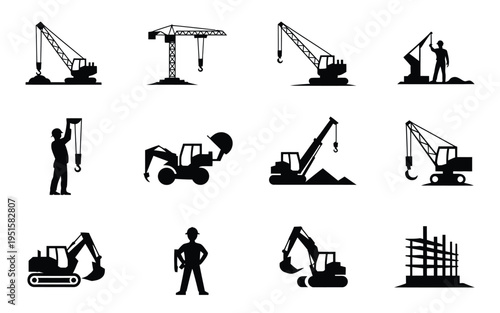 Construction site icons including cranes excavators workers and trucks on a white background for industrial and building concepts