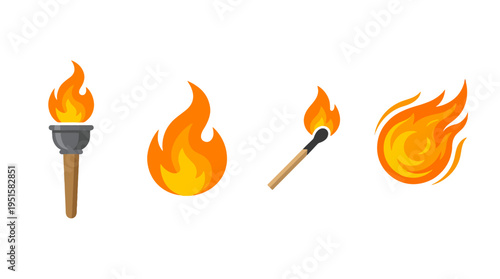 Stylized fire icons a lit torch burning matchstick and two dynamic orangeyellow flames.