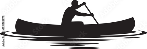 Black silhouette of man rowing canoe on water boat