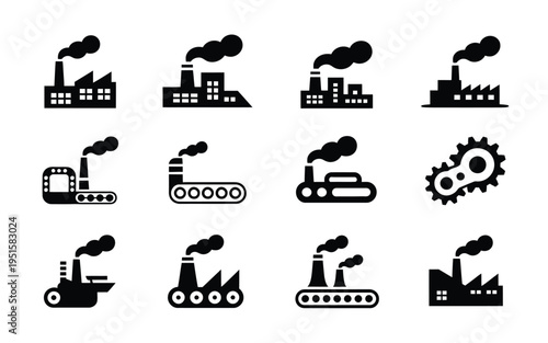 Industrial factory and machine icons in black on white background representing manufacturing and industry concepts with smokestacks and gears