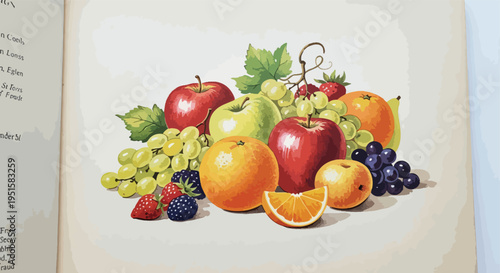 Still life of assorted fresh fruits including apples, oranges, grapes, and berries arranged on a vintage book page with a warm beige background.