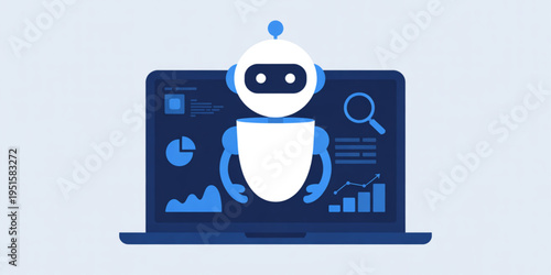 A friendly robot standing in front of a laptop screen displaying various digital data analytics Vector