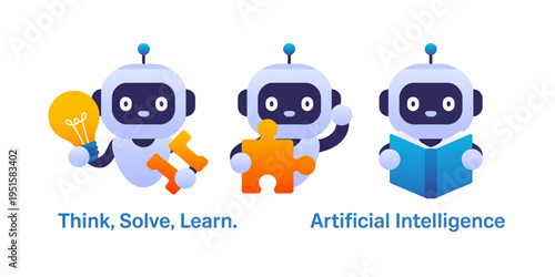 Three cute robots representing the concepts of thinking with an idea solving a puzzle and learning Vector