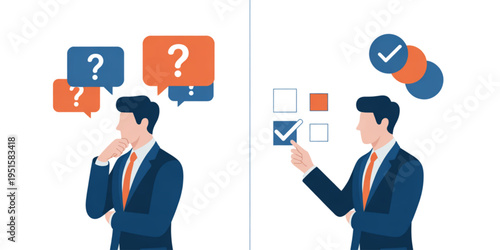 A businessman transitions from pondering uncertain questions to making a confident final decision Vector
