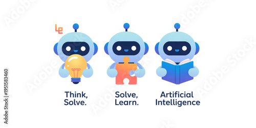 Three cute robotic characters demonstrating concepts of thinking, problem solving and learning Vector
