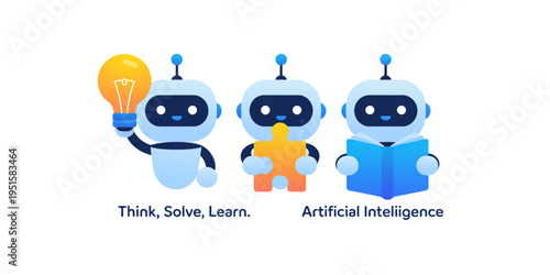 Three cute cartoon robots engaged in activities representing thinking solving and learning tasks Vector