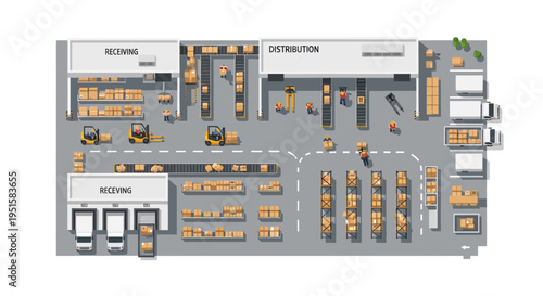 Warehouse Logistics Center Operations Overhead View: Receiving, Storage, and Distribution with Workers, Forklifts & Delivery Trucks