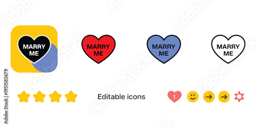 Marry Me Heart Icons Set: Proposal, Love, Wedding, Romance Symbols, App Design Elements