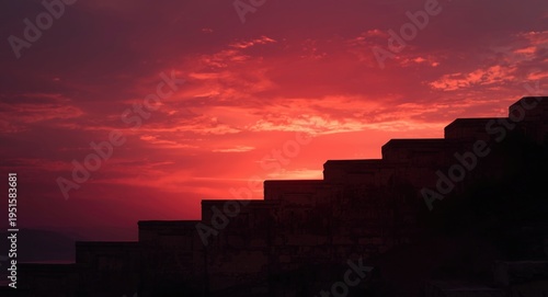 Romantic sunset sky with a red hue over ascending stairways symbolizing theological history