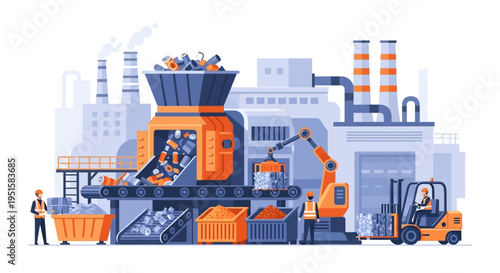 Industrial Aluminum Can Recycling Plant Illustration with Workers and Modern Machinery