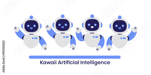 A group of cute friendly robots waving their hands in a cheerful and welcoming digital illustration Vector