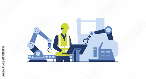Engineer Overseeing Robotic Automation in a Smart Factory Setting with Industrial Control Panel