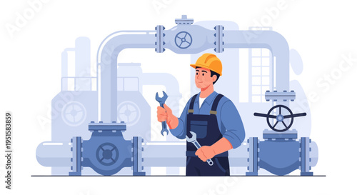 Industrial Worker Maintaining Pipes and Valves - Engineering & Plumbing Service Illustration