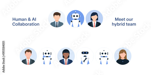 A conceptual illustration featuring a diverse hybrid team of human employees and robotic assistants Vector
