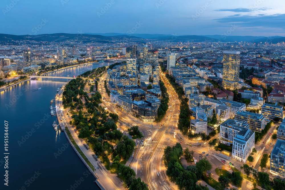 Obraz premium Aerial view of a vibrant city at dusk