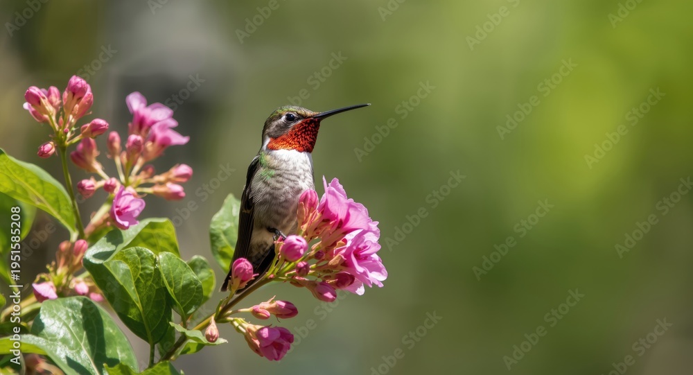 Obraz premium Anna's Hummingbird perched on a blooming garden branch during a sunny day