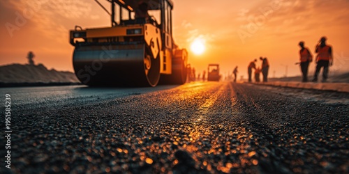 Heavy asphalt roller machine and civil engineering project managers paving a new highway during sunset, concept for infrastructure development, urban civil engineering and industrial growth