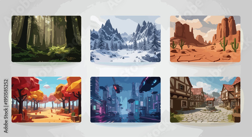 Set of 6 diverse landscape illustrations vector: forest, snowy mountains, desert, autumn park, futuristic city, and medieval village scenes