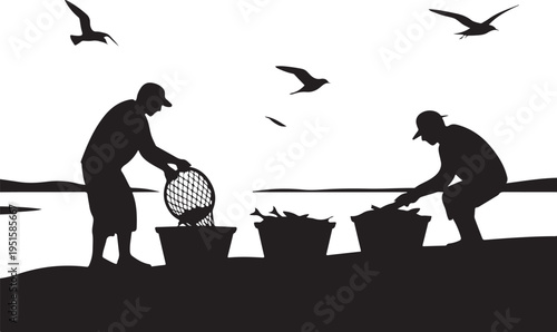 Black silhouette of two fishermen with buckets and fishing net by