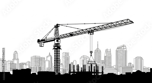Construction site with cranes and tall building under a blue sky in an urban city development scene