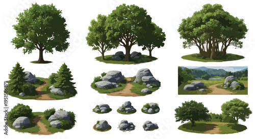 Set of 9 vector nature landscape elements with green trees, bushes, and grey rocks on dirt paths for game design or environment scenes