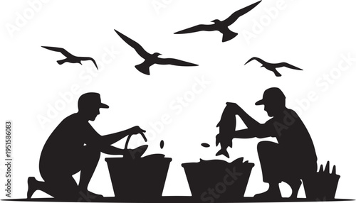 Black silhouette of two men cleaning fish with buckets and