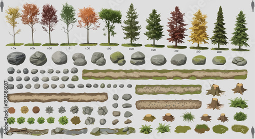 Set of 100+ isometric vector game assets including trees, rocks, bushes, paths, and stumps for nature scenes