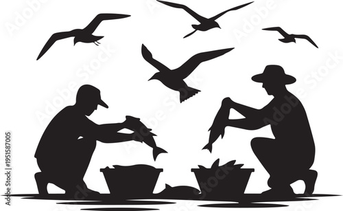 Black silhouette of two people and seagulls handling fish