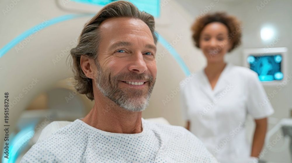 Fototapeta premium Man patient smiling in hospital gown with female nurse in background for healthcare, medical care, hospital visit, and patient treatment concept.