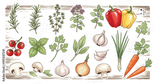 A flat lay of various vegetables and herbs on a rustic wooden surface with a white background.