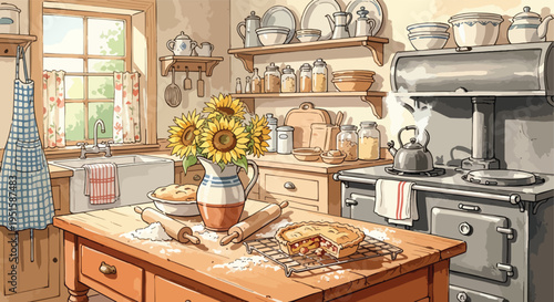 Warm kitchen interior with a wooden island, sunflower vase, baking utensils, and a vintage stove against a cozy background.