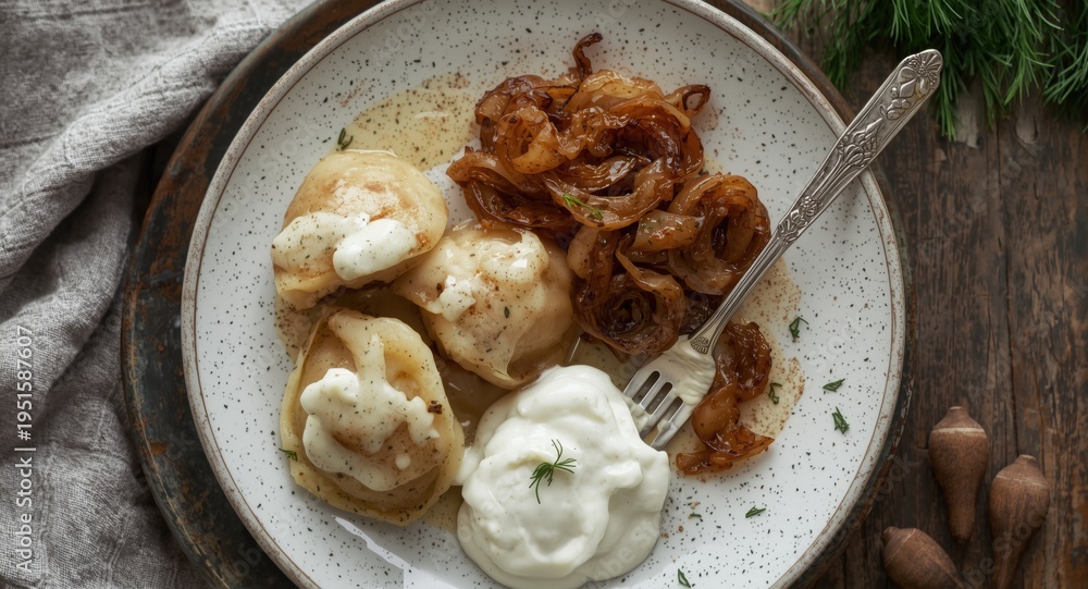 Fototapeta premium Rustic potato stuffed dumplings alongside dill roasted onions and tangy sour cream sauce