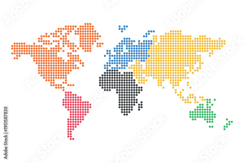 dotted world map with colored continents