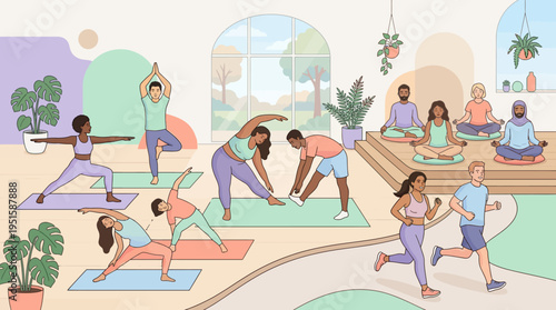 People doing yoga in fitness class.