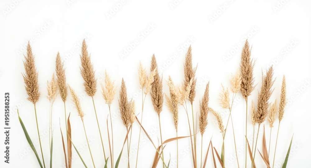 Fototapeta Reedmace and flag plants arranged on a plain white backdrop