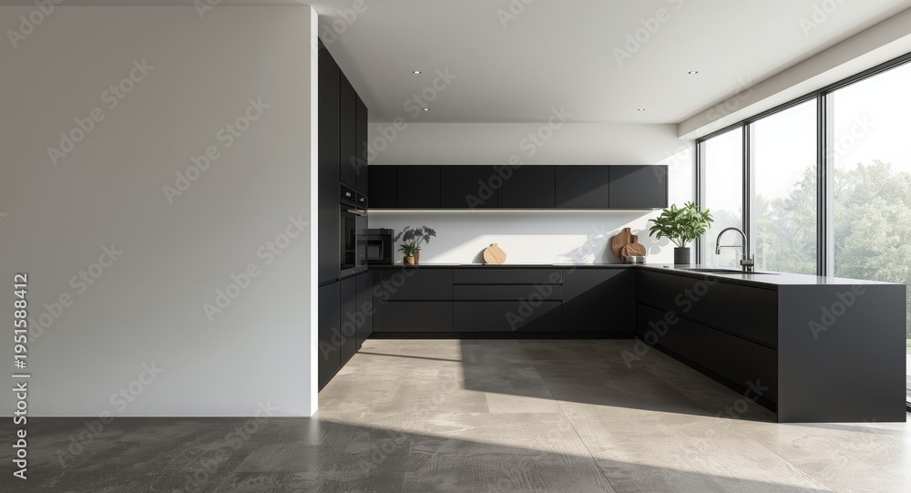 Obraz premium Sleek kitchen design with black accents and concrete floor captured from side angle