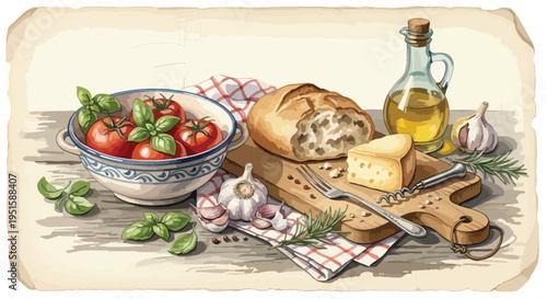 Still life of a rustic Italian meal setup with bread, tomatoes, garlic, olive oil on a wooden table with a vintage background.